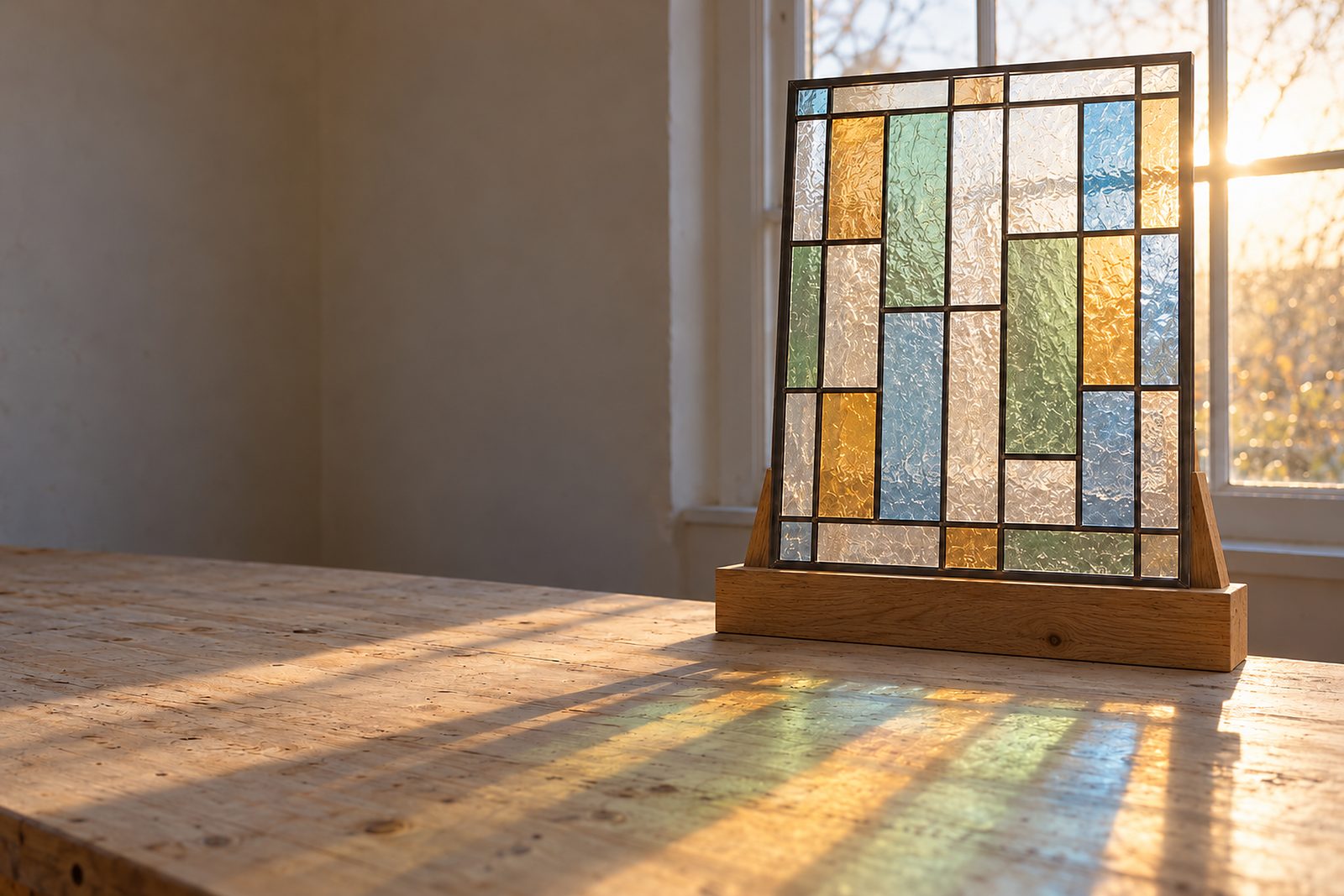 Bleiverglasung aus hellem Bernstein-, Grün- und Blauglas in einer Holzstaffelei, die tiefe Sonne scheint hindurch und wirft farbiges Licht auf die Werkbank