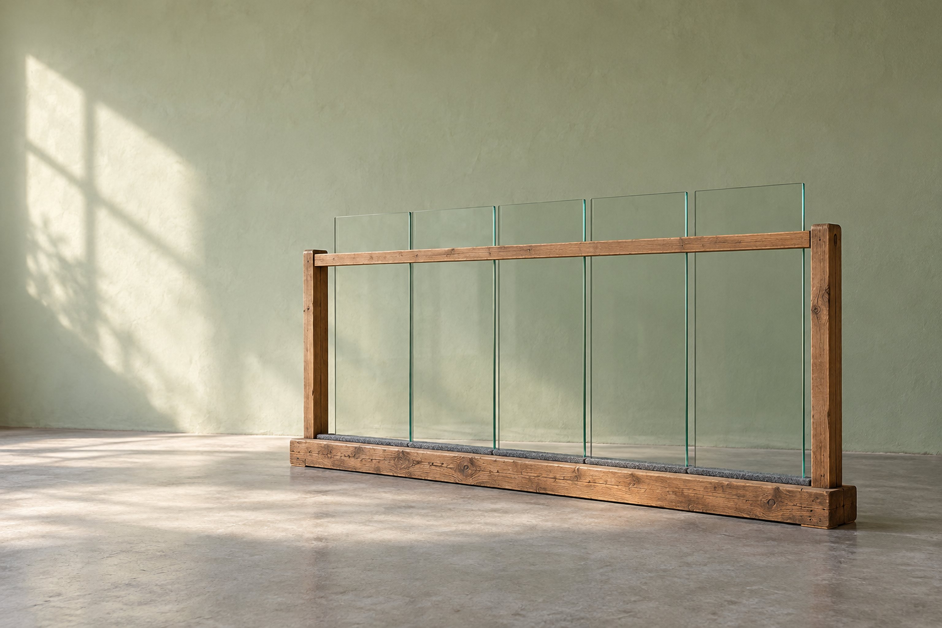 Glaswerkstatt: fünf hohe Floatglasscheiben stehen in einem alten Holzgestell auf Filz und lehnen an einem durchgehenden Holm, dahinter eine hellgrüne Wand im Morgenlicht